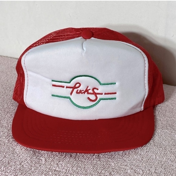 Vintage Red White Pucks Mesh Back Snap Back Trucker Hat - Picture 1 of 12